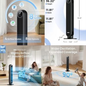 DREO black tower fan for bedroom with 28 ft/s high velocity airflow
