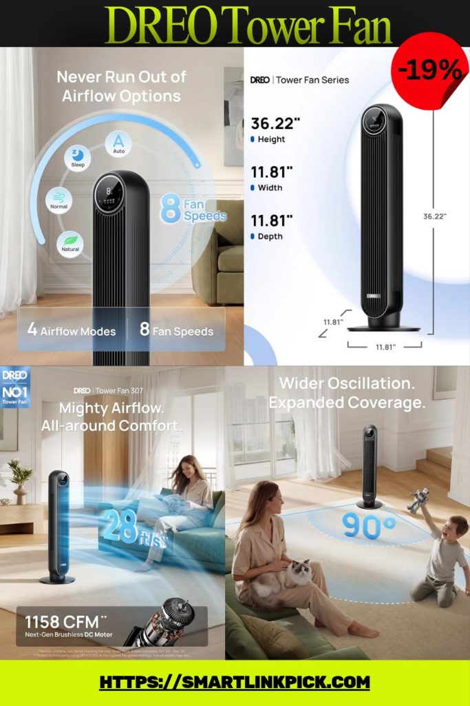 DREO Tower Fan for Bedroom, 28ft/s High Velocity, Ultra Quiet Floor Fan