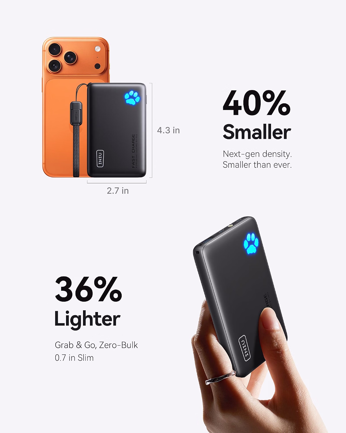 INIU 10000mAh 45W Fast Charging Portable Power Bank with Detachable USB-C Cable - Image 6