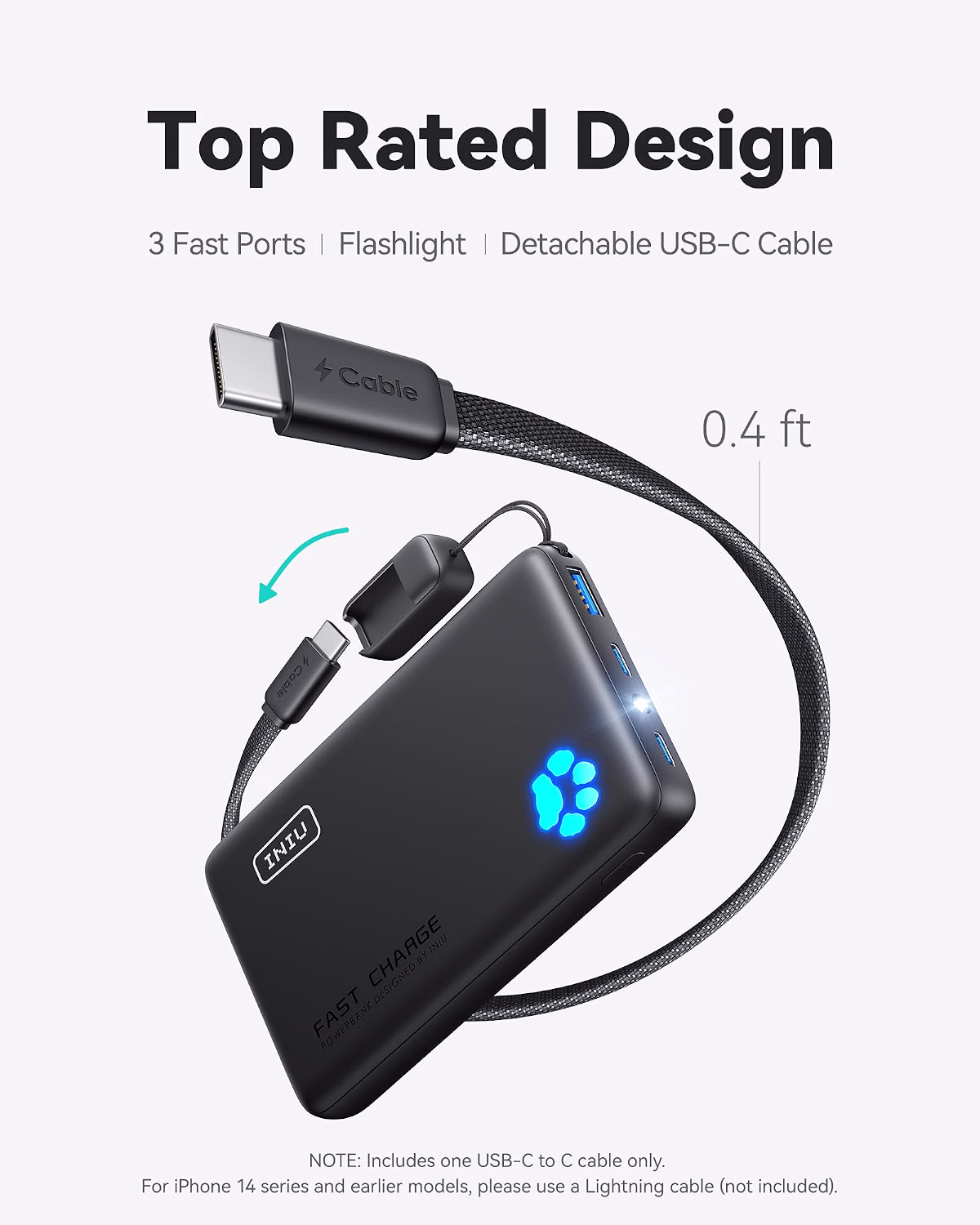 INIU 10000mAh 45W Fast Charging Portable Power Bank with Detachable USB-C Cable - Image 5