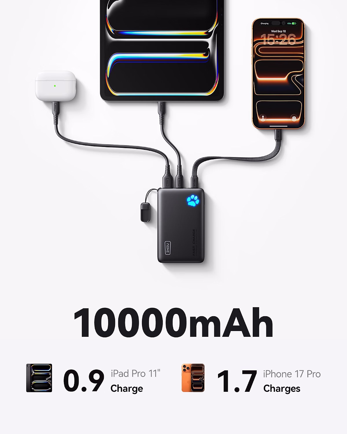 INIU 10000mAh 45W Fast Charging Portable Power Bank with Detachable USB-C Cable - Image 4