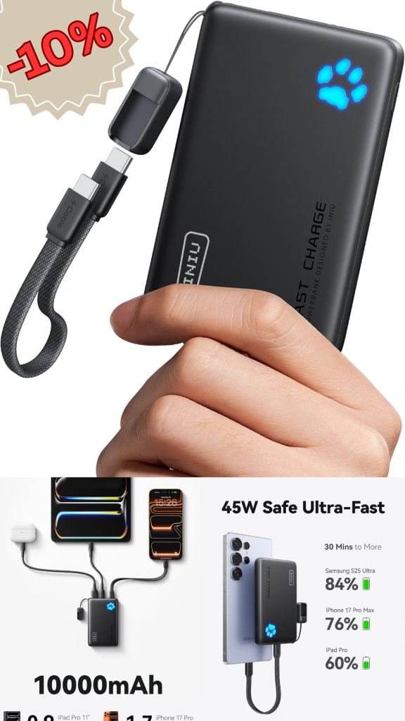 INIU 10000mAh 45W Fast Charging Portable Power Bank with Detachable USB-C Cable