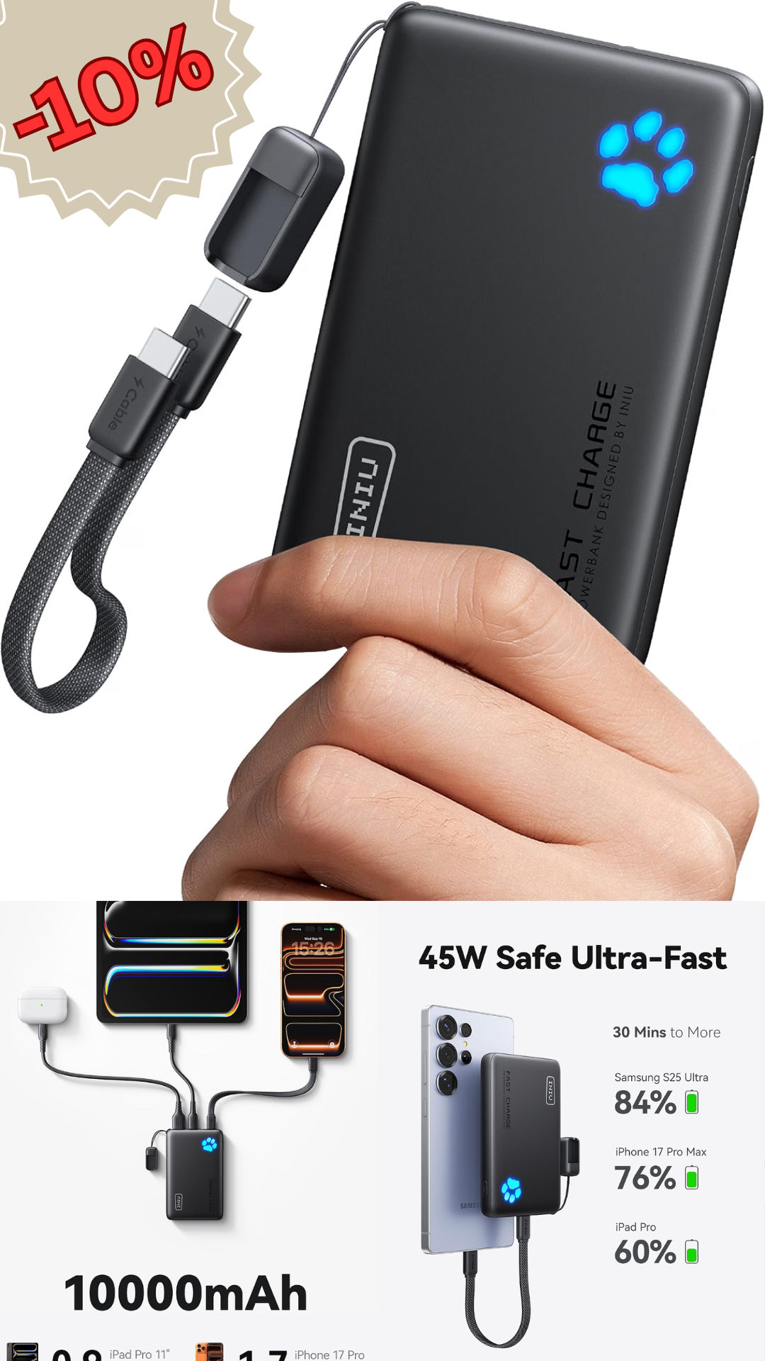 INIU 10000mAh 45W fast charging portable power bank with detachable USB-C cable
