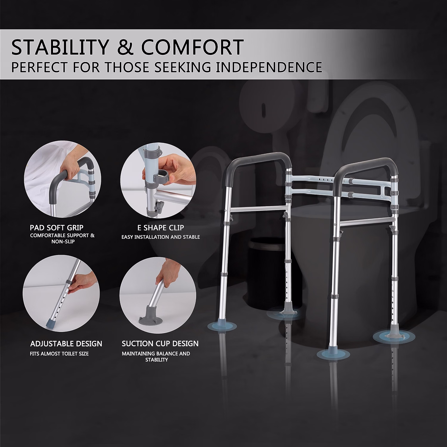 Toilet Safety Rails for Seniors – Adjustable Height & Width, 350 lb Capacity, Foldable Aluminum Toilet Support Frame - Image 4