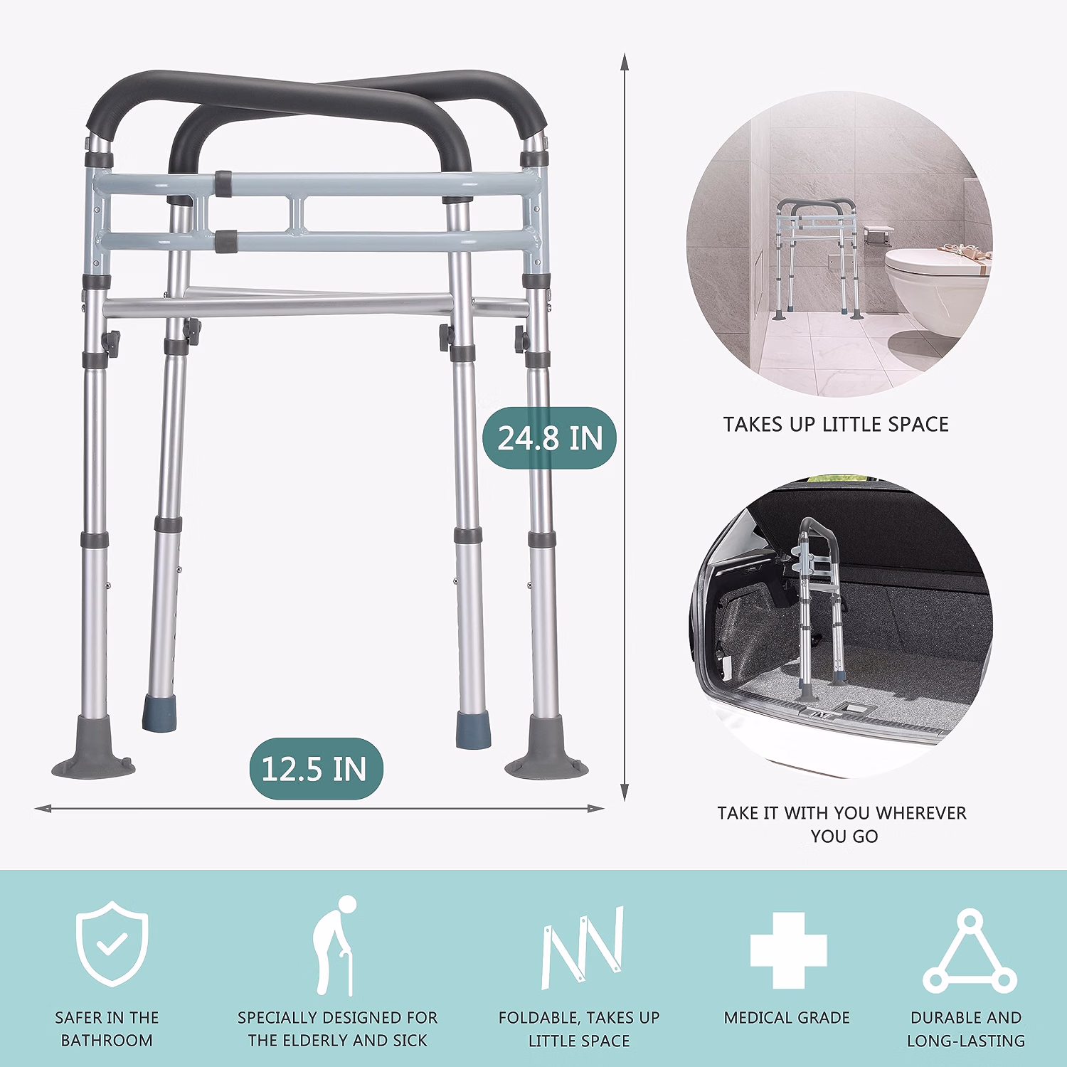 Toilet Safety Rails for Seniors – Adjustable Height & Width, 350 lb Capacity, Foldable Aluminum Toilet Support Frame - Image 3
