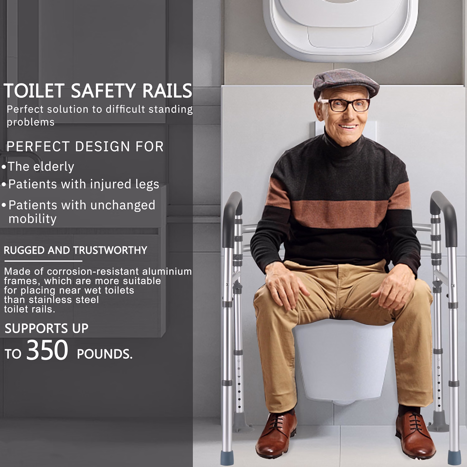 Adjustable toilet safety rails for seniors with 350 lb capacity and non-slip handles