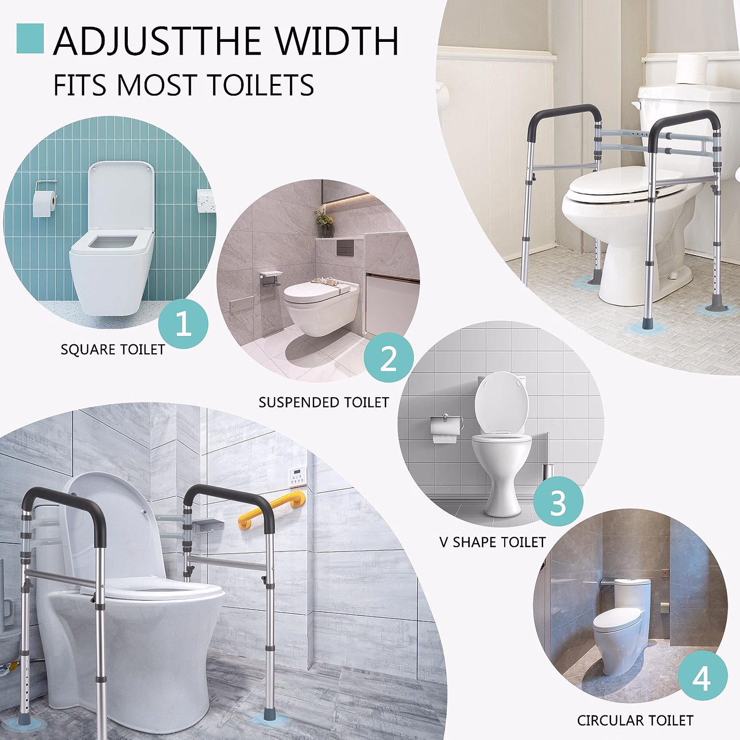 Adjustable toilet safety rails for seniors with 350 lb capacity and aluminum frame