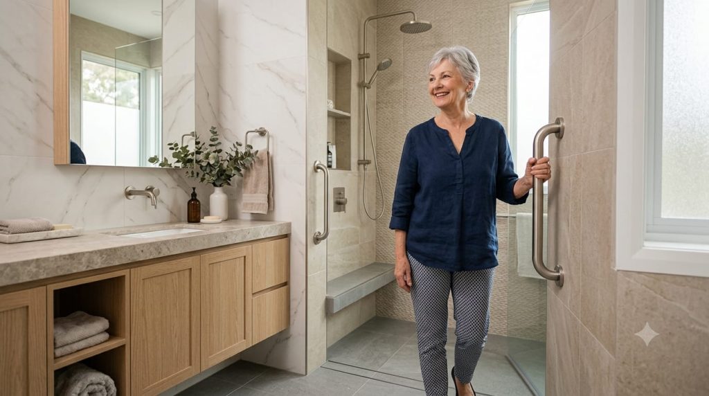 Senior using a grab bar in a bathroom for home safety